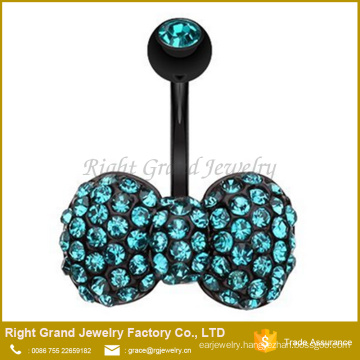 Black Titanium Plated Multi Gem Aqua Bow - Tie Surgical Steel Belly Button Ring